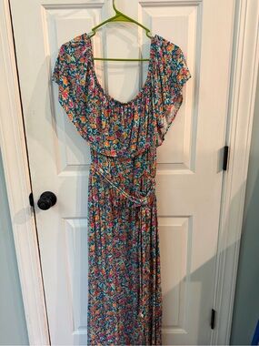 Lane Bryant Teal Floral Maxi Dress with Ruffle Scoop Neck